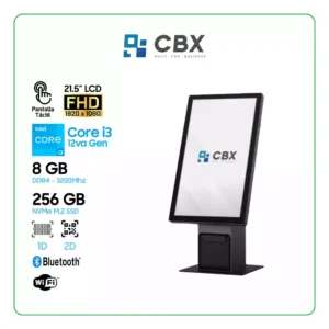 CBX KPOS-6210+ Kiosko de Autoservicio, 21.5" FHD LCD 1920 X 1080 Touch, Core i3-12va Gen, 8GB DDR4, SSD 256GB / Ticketera de 80mm / Lector 2D / WiFi / BT / Sin Parante (90102523)